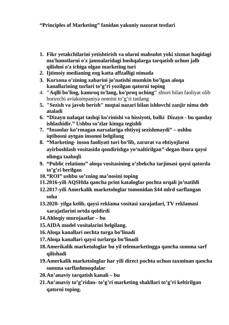 “Principles of Marketing” fanidan yakuniy nazorat testlari 1