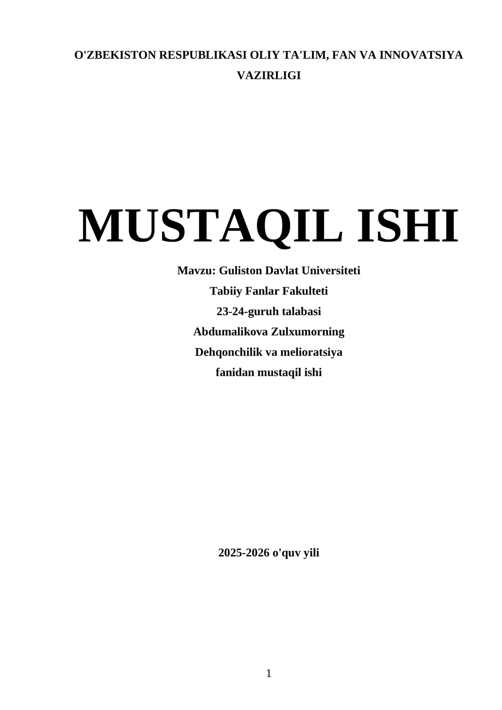 Dehqonchilik va Melioratsiya Mustaqil ishi 1
