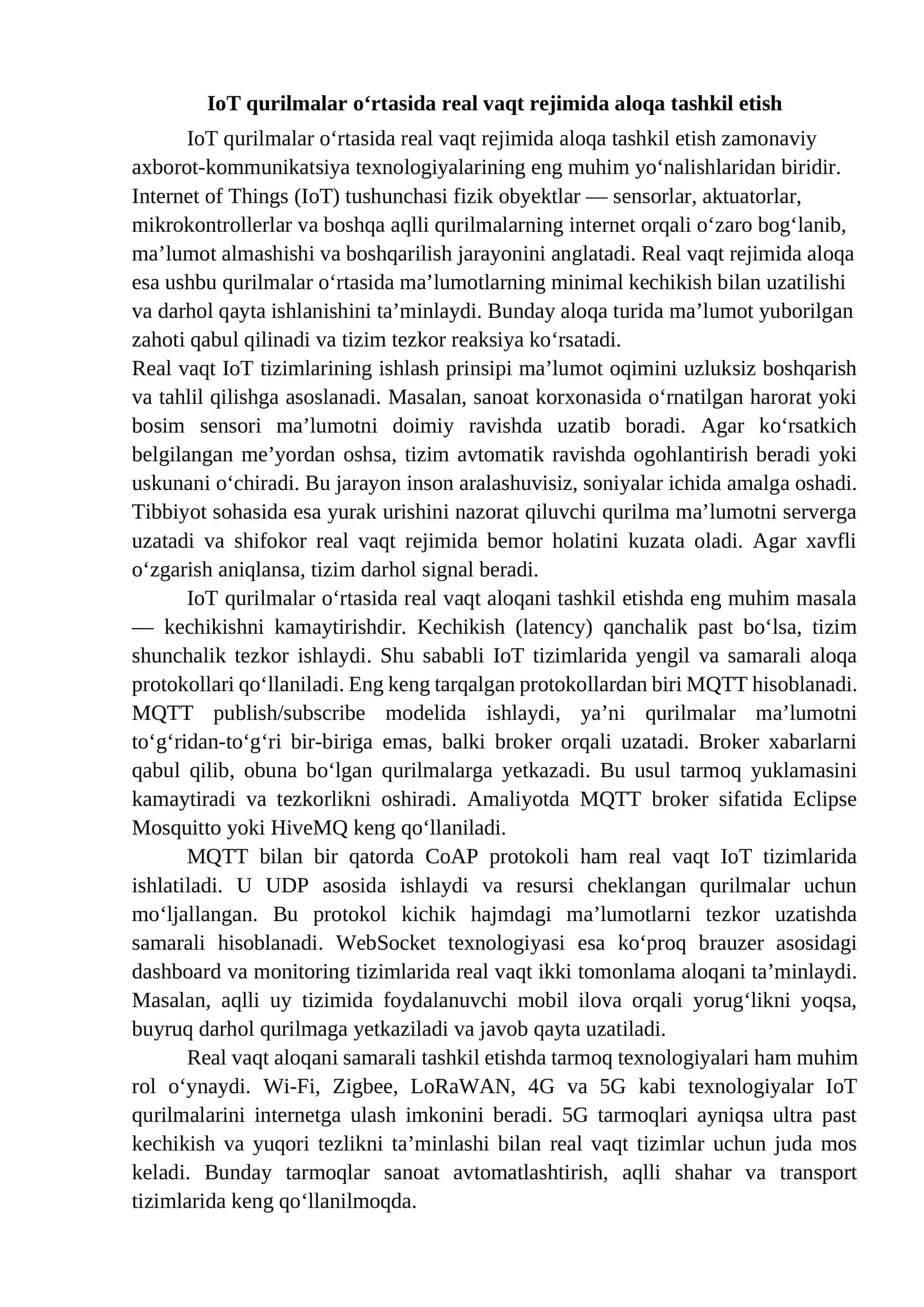IoT qurilmalar o‘rtasida real vaqt rejimida aloqa tashkil etish 1