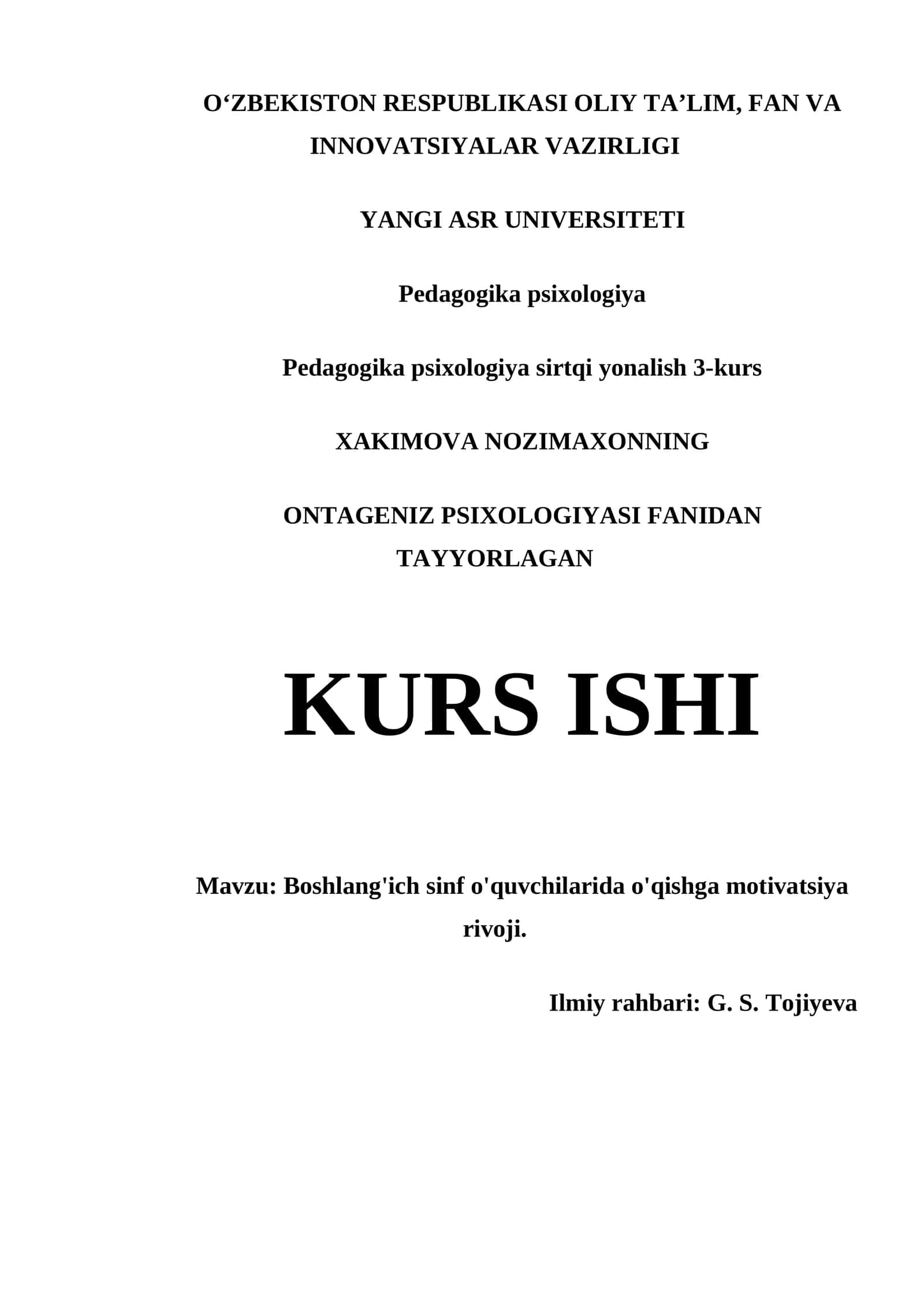 ONTAGENIZ PSIXOLOGIYASI FANIDAN TAYYORLAGAN KURS ISHI 1