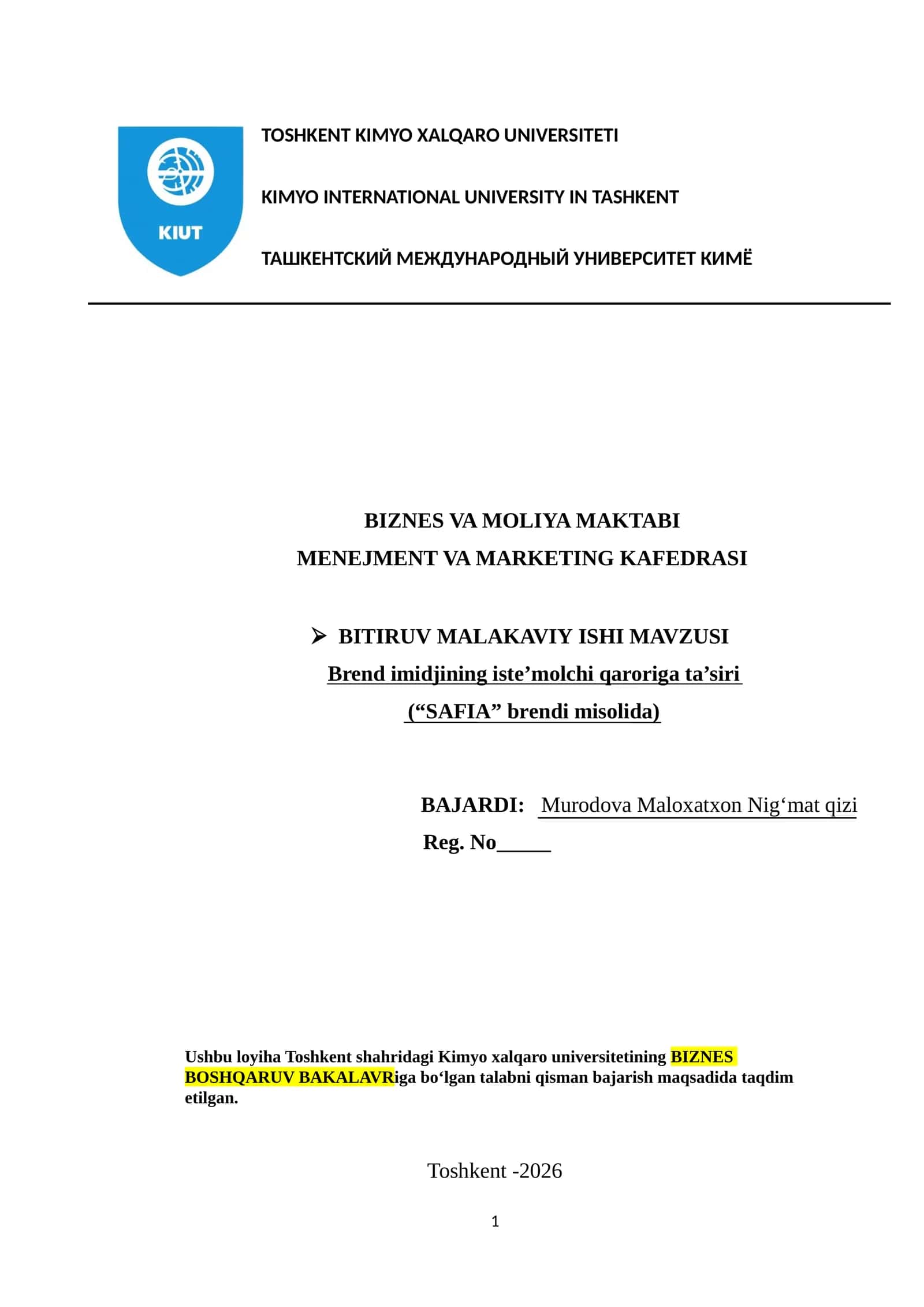 BMI. Brend imidjining iste’molchi qaroriga ta’siri (“SAFIA” brendi misolida) 1