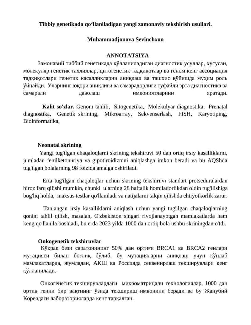 Tibbiy genetikada qoʻllaniladigan yangi zamonaviy tekshirish usullari 1