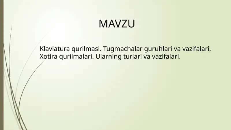 Klaviatura qurilmasi. Tugmachalar guruhlari va vazifalari. Xotira qurilmalari. Ularning turlari va vazifalari 1