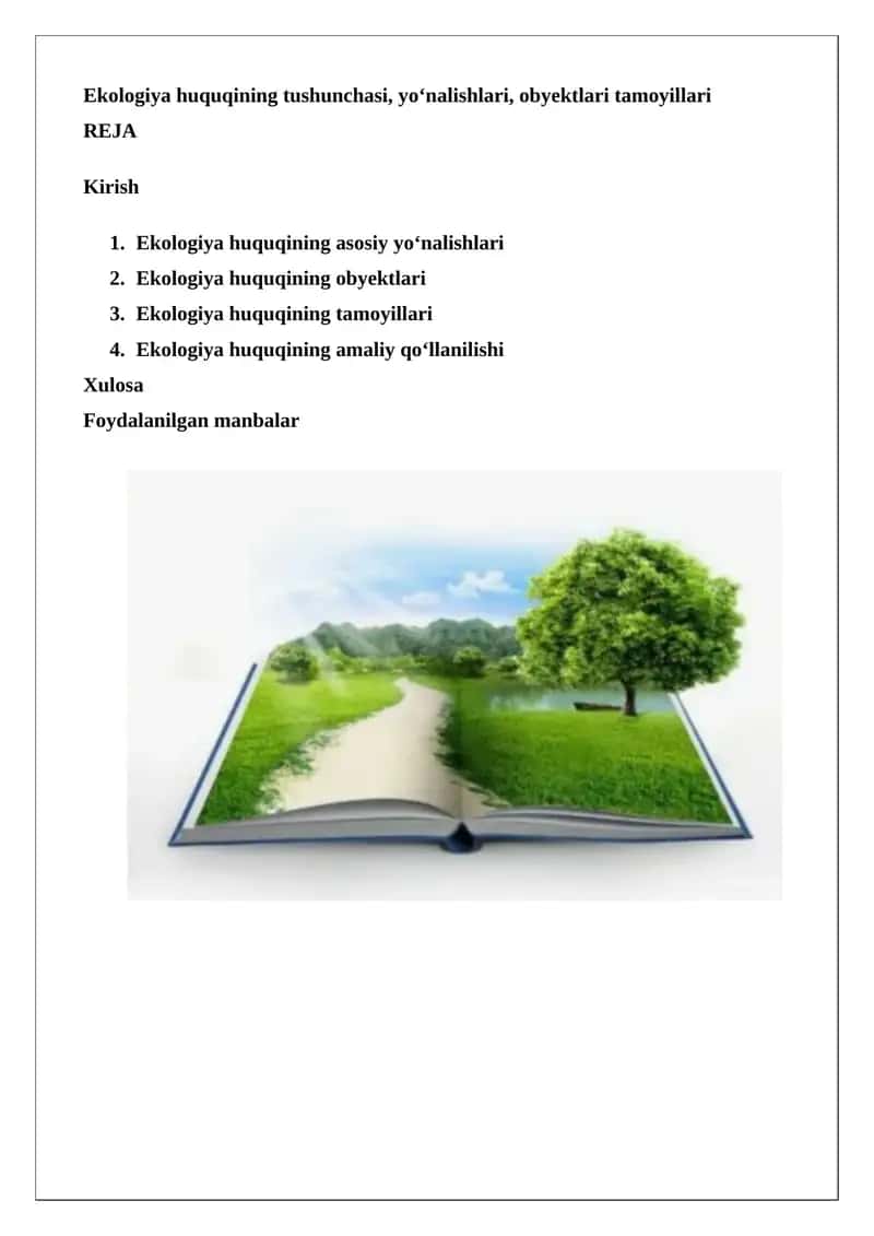 Ekologiya huquqining tushunchasi, yo‘nalishlari, obyektlari tamoyillari 1