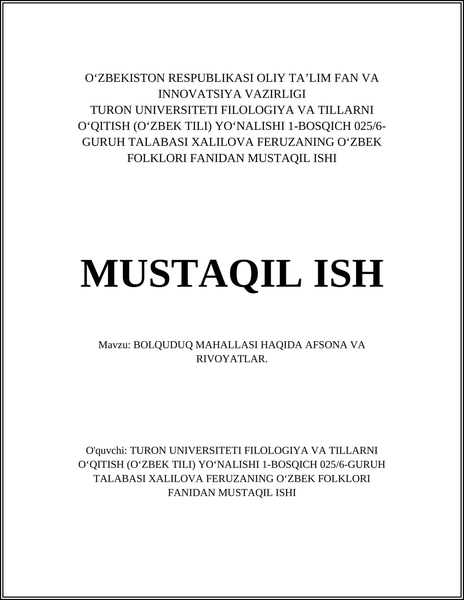 BOLQUDUQ MAHALLASI HAQIDA AFSONA VA RIVOYATLAR 1