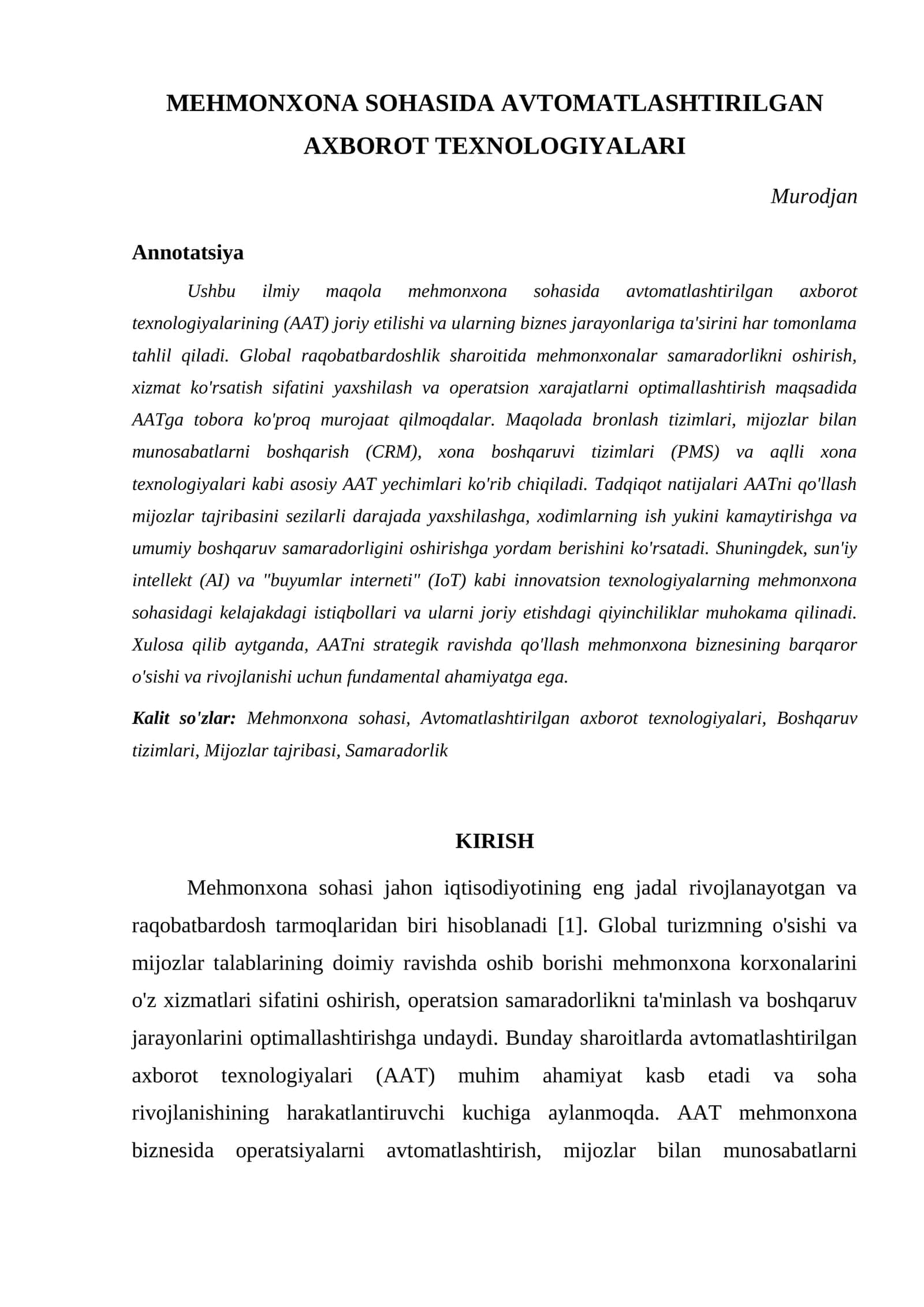 MEHMONXONA SOHASIDA AVTOMATLASHTIRILGAN AXBOROT TEXNOLOGIYALARI 1