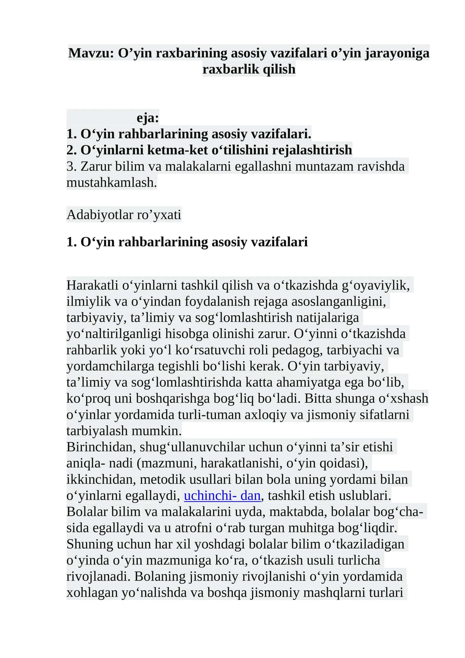 O’yin raxbarining asosiy vazifalari o’yin jarayoniga raxbarlik qilish 1