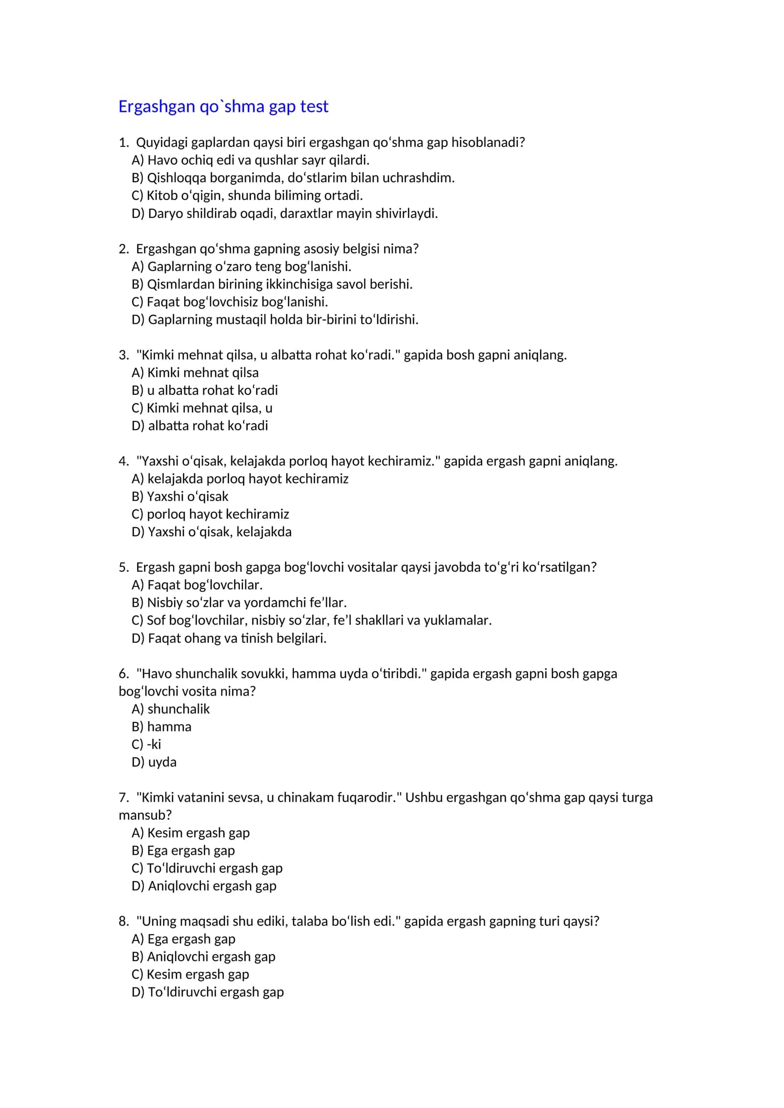 Ergashgan qoʻshma gap test 1