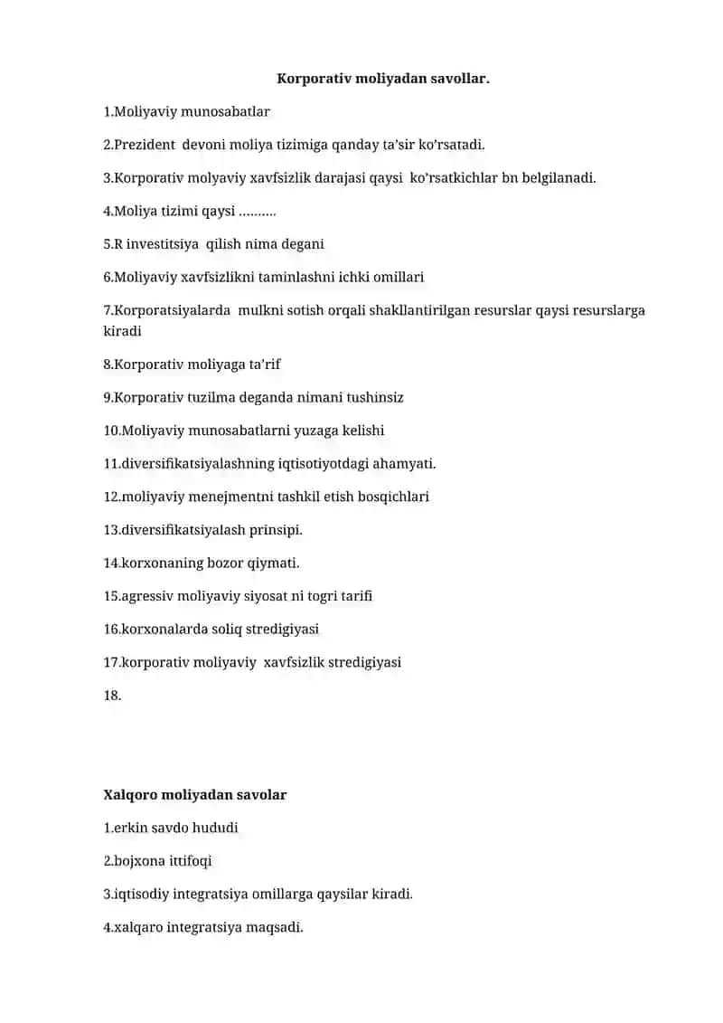 Korporativ moliyadan savollar
