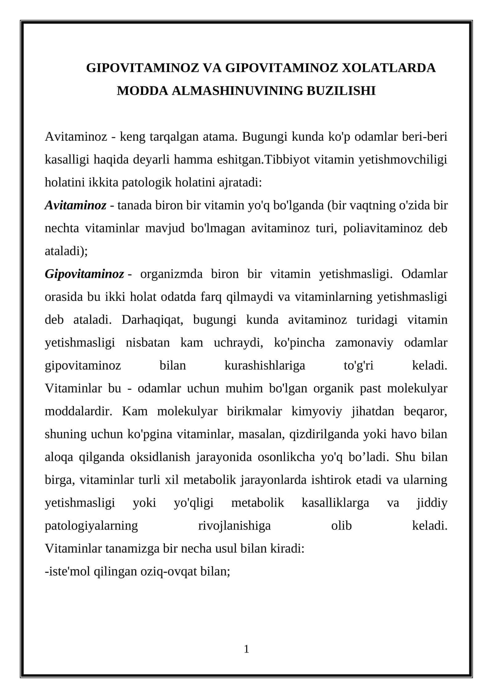 GIPOVITAMINOZ VA GIPOVITAMINOZ HOLATLARDA MODDA ALMASHINUVINING BUZILISHI 1