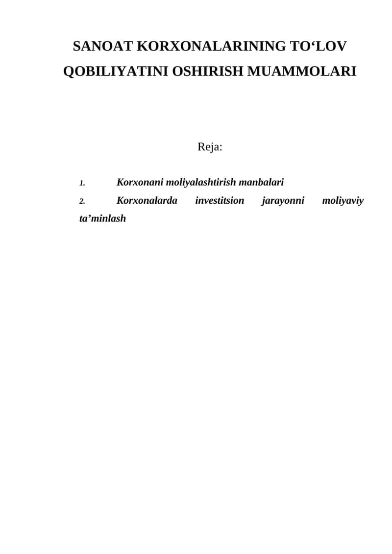 Korxonani moliyalashtirish manbalari 1