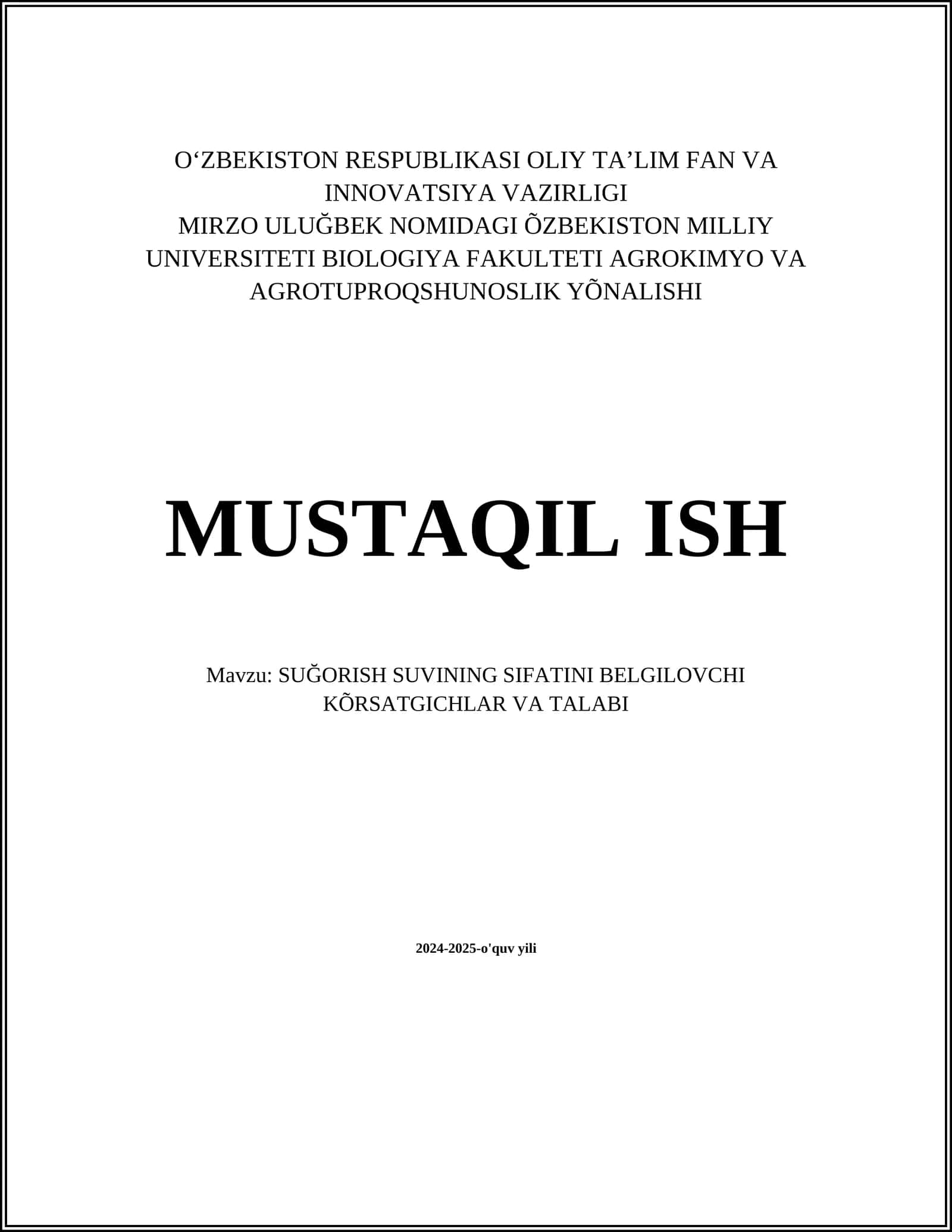 SUĞORISH SUVINING SIFATINI BELGILOVCHI KÕRSATGICHLAR VA TALABI 1