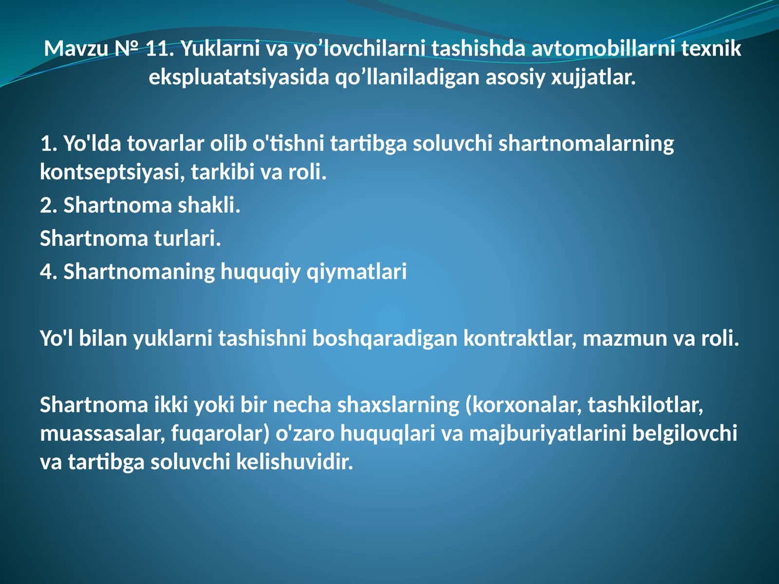 Yuklarni yayo'lovchilarni tashishda avtomobillarni texnik ekspluatatsiyasida qo'llaniladigan asosiy hujjatlar 1