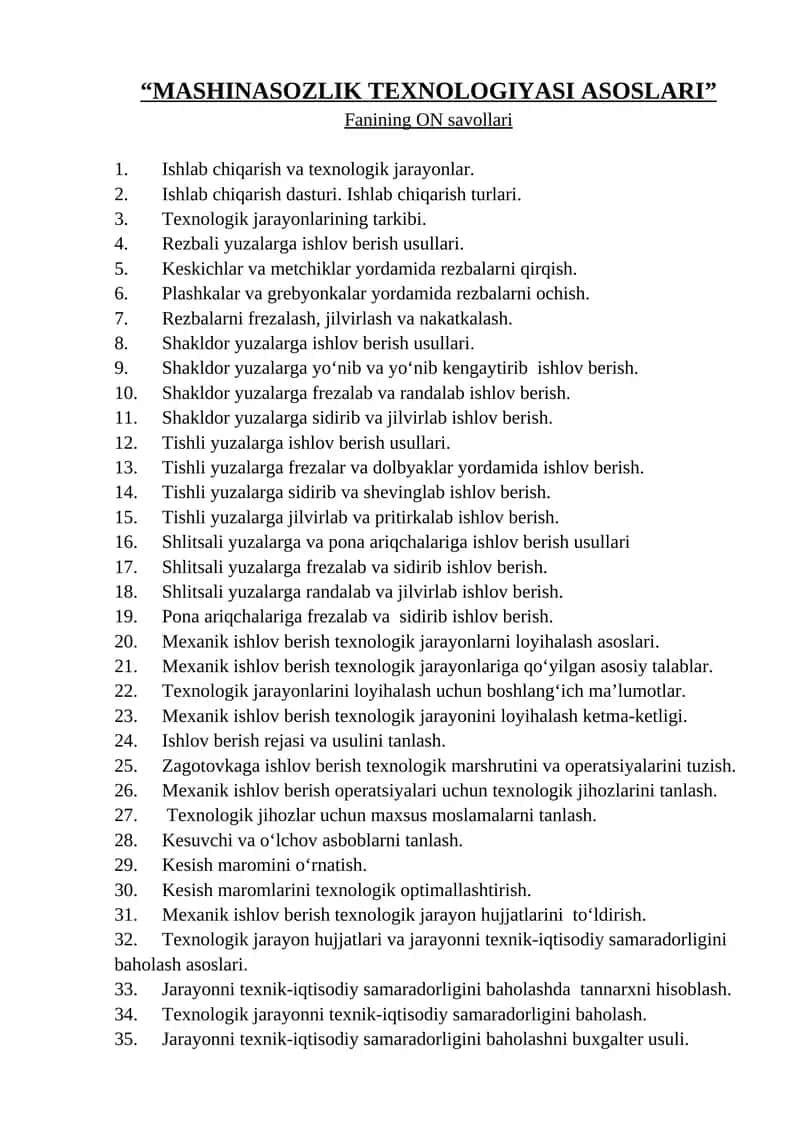 MASHINASOZLIK TEXNOLOGIYASI ASOSLARI 1