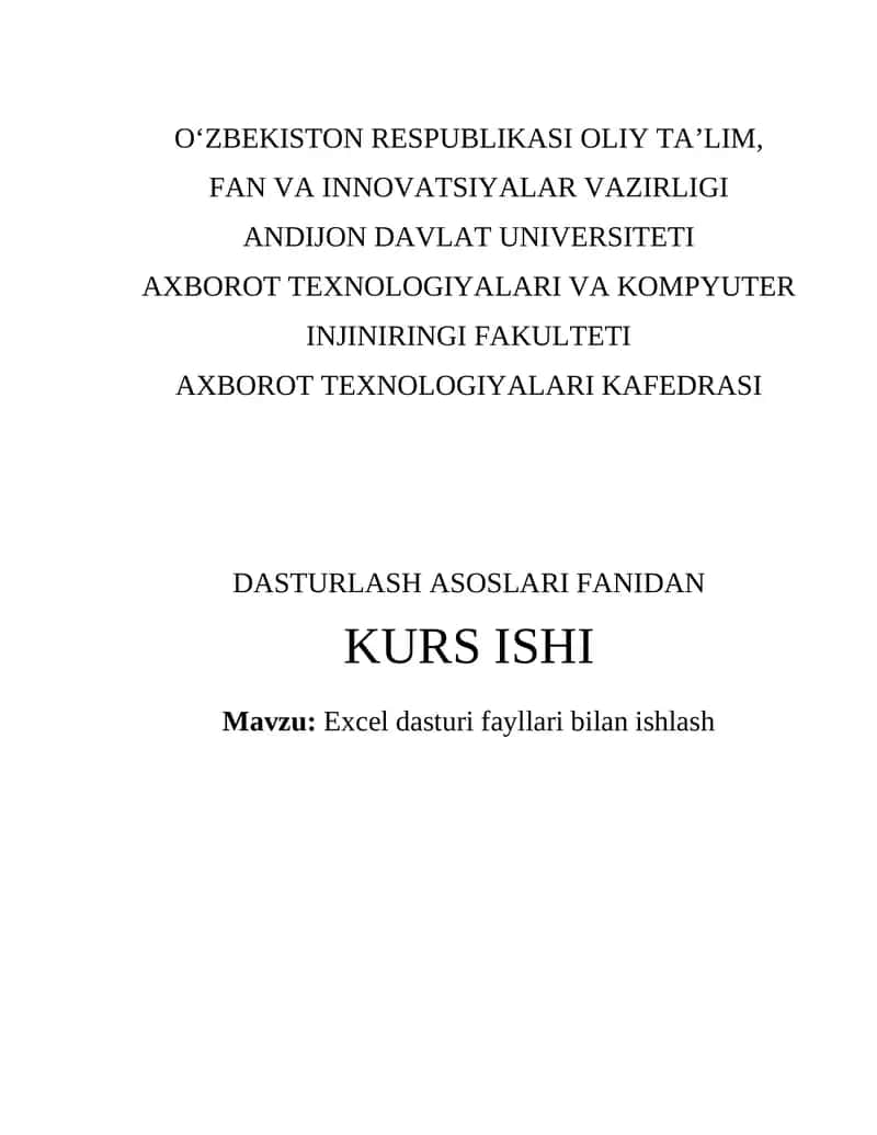 Excel dasturi fayllari bilan ishlash 1