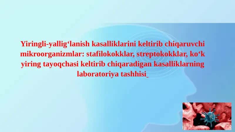 Yiringli-yallig‘lanish kasalliklarini keltirib chiqaruvchi mikroorganizmlar: stafilokokklar, streptokokklar, ko‘k yiring tayoqchasi keltirib chiqaradigan kasalliklarning laboratoriya tashhisi 1