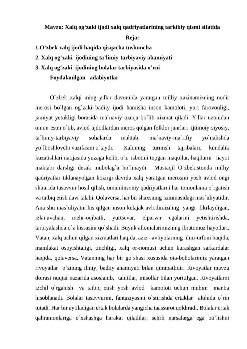 Xalq og‘zaki ijodi xalq qadriyatlarining tarkibiy qismi sifatida 1
