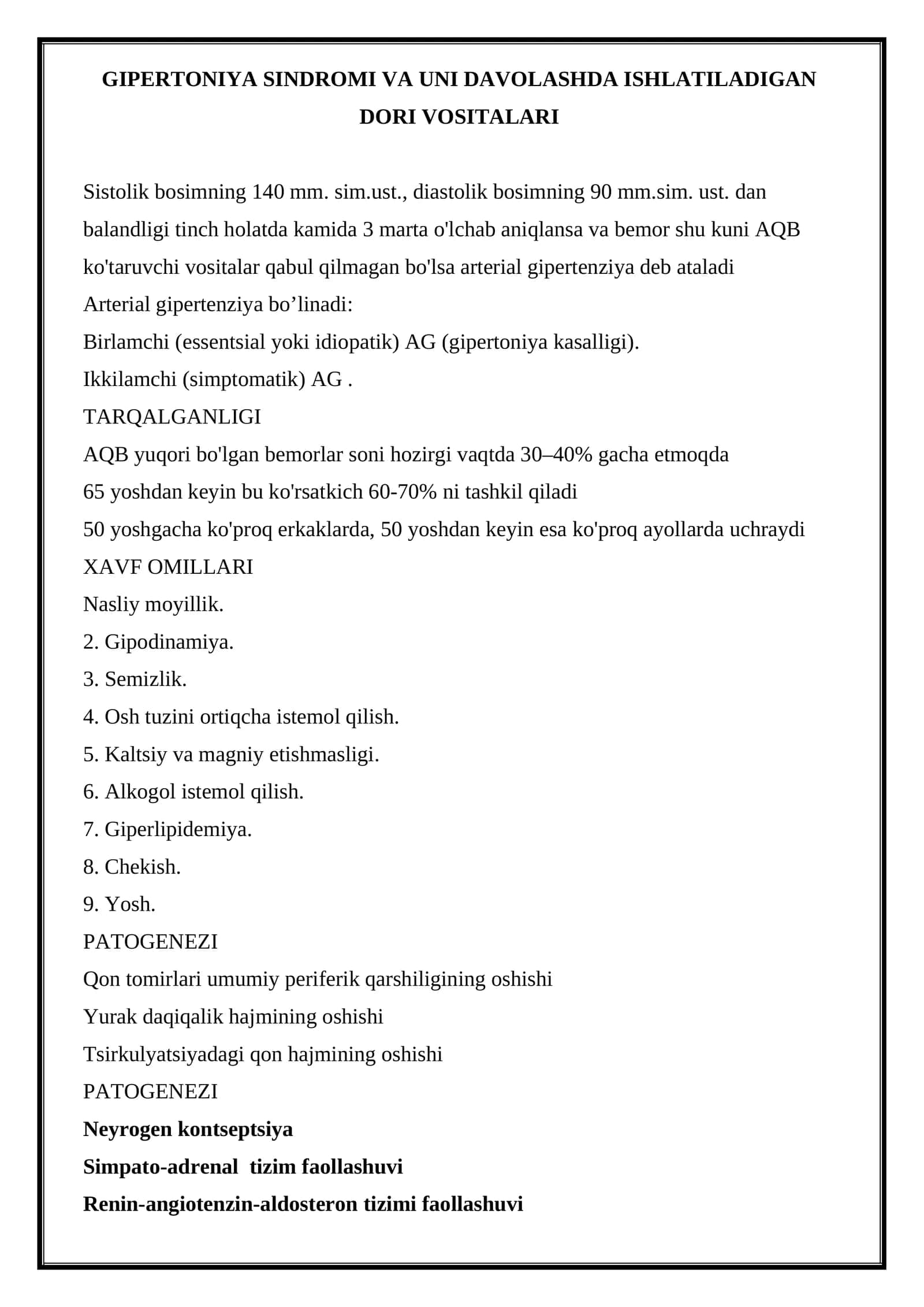 GIPERTONIYA SINDROMI VA UNI DAVOLASHDA ISHLATILADIGAN DORI VOSITALARI 1