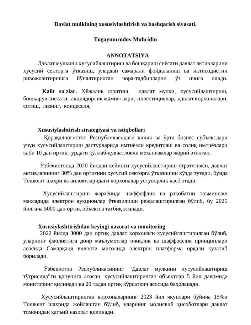 Давлат мулкни хусусийлаштириш ва бошқариш сиёсати 1