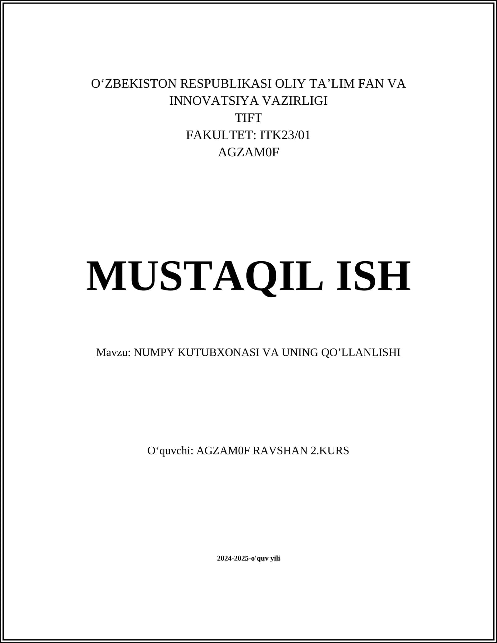 NUMPY KUTUBXONASI VA UNING QO’LLANLISHI 1