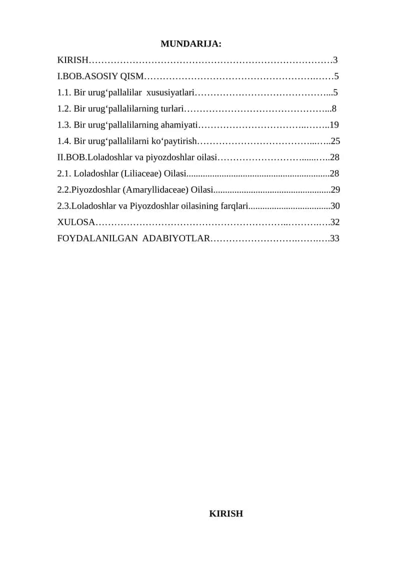 Bir urug‘pallalilar sinfi (Monocotyledonales) o‘simliklar olamining eng muhim sinflaridan biri 1