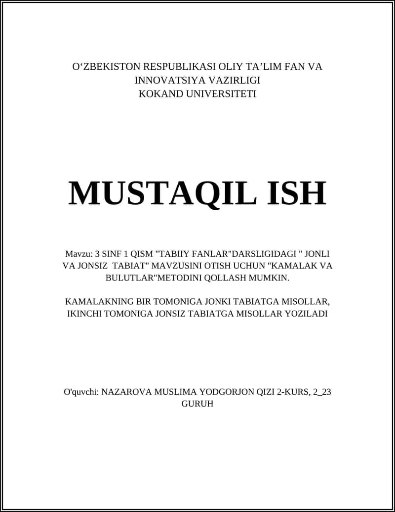 TABIIY FANLAR DARSLIGI "JONLI VA JONSIZ TABIAT" 1