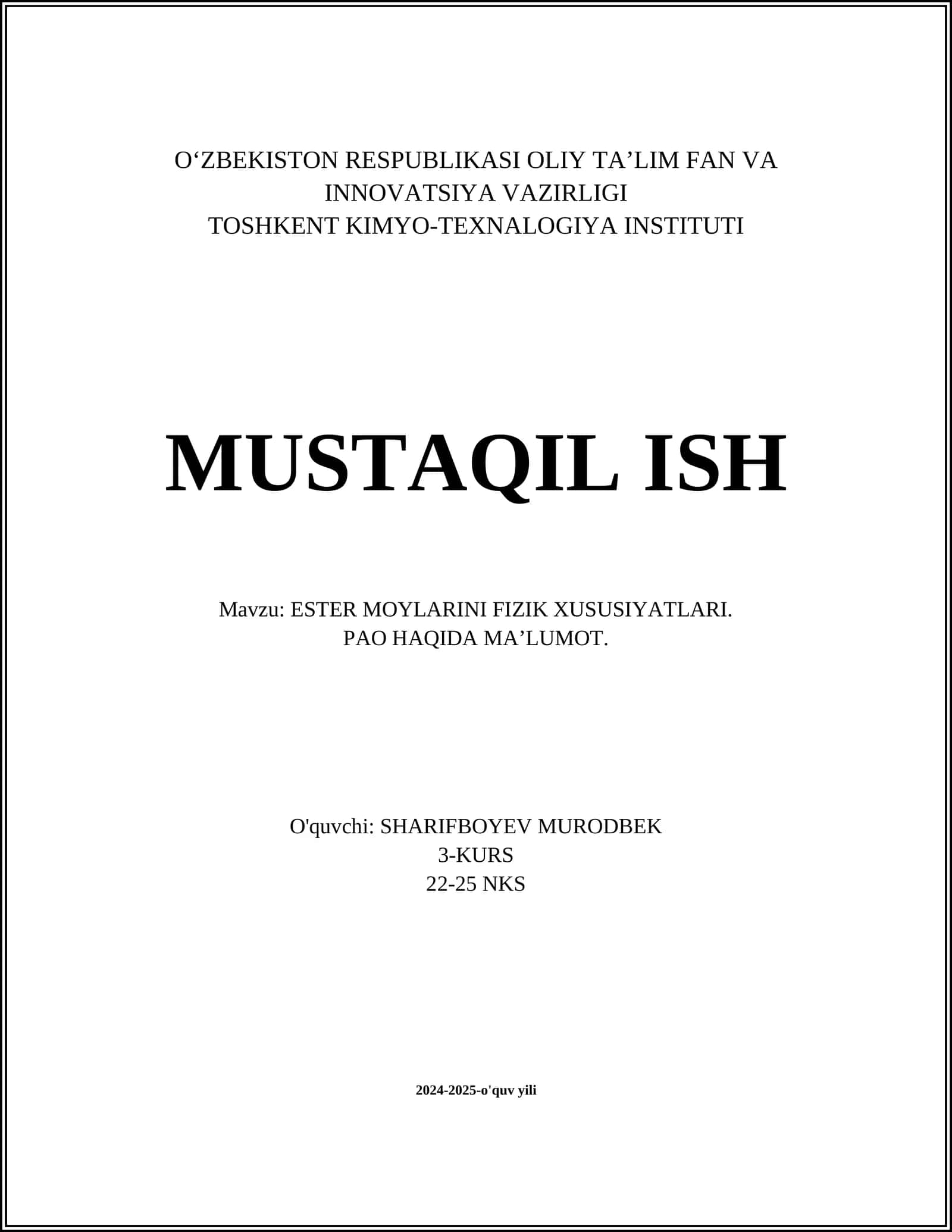 ESTER MOYLARINI FIZIK XUSUSIYATLARI 1