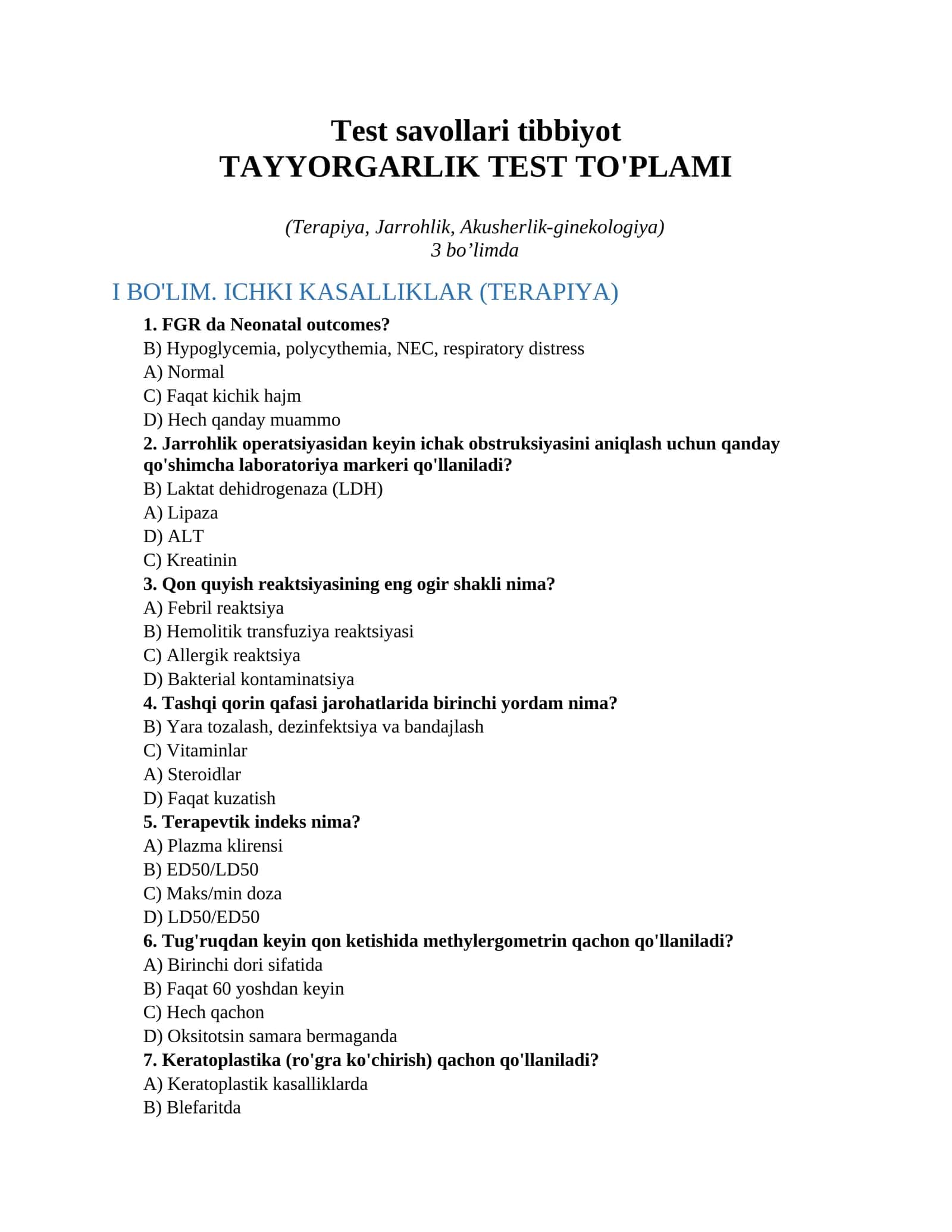 Test savollari tibbiyot 1