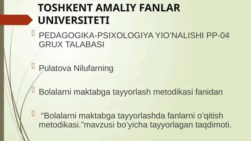Bolalarni maktabga tayyorlashda fanlarni o’qitish metodikasi 1