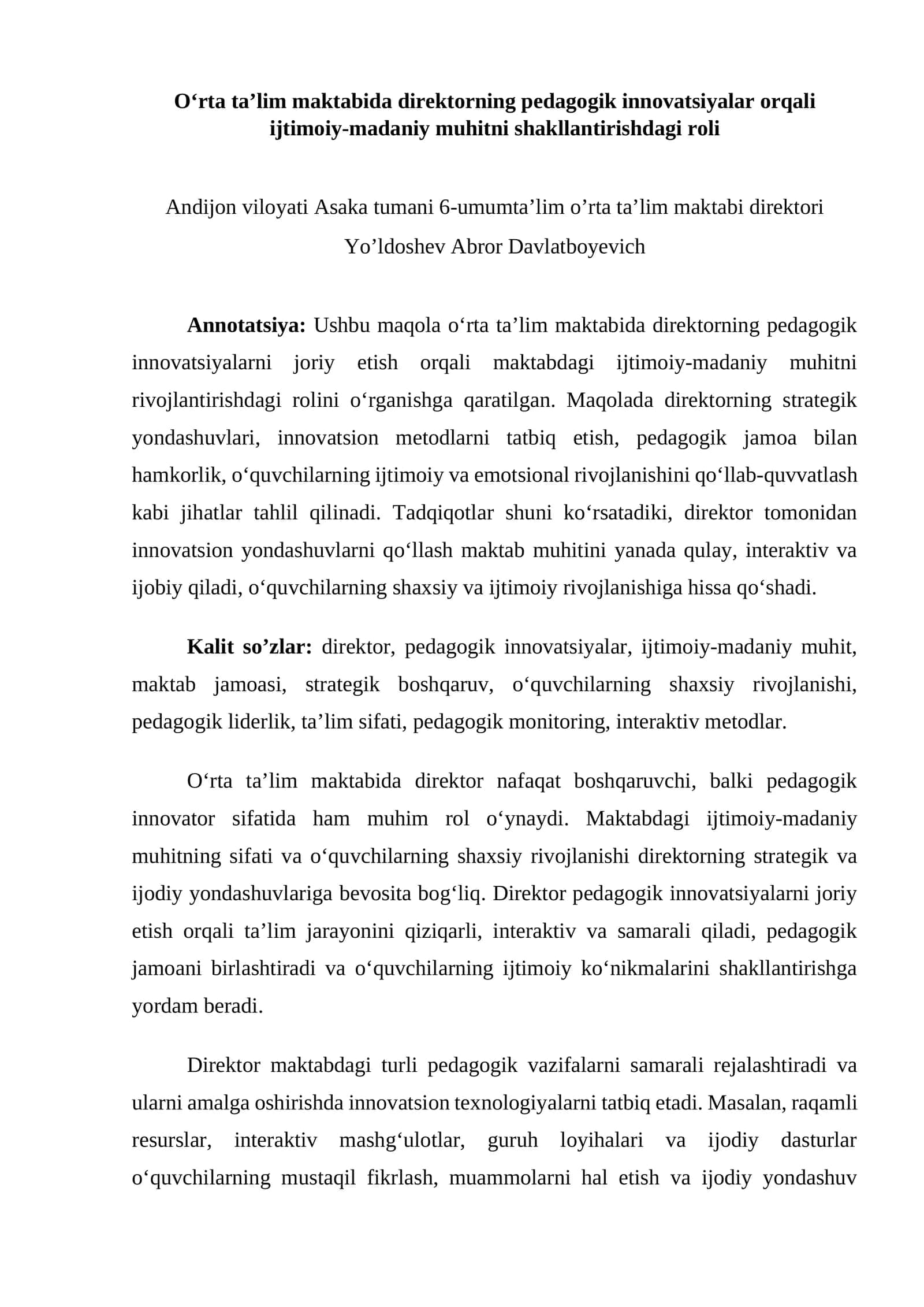 Mavzu: O‘rta ta’lim maktabida direktorning pedagogik innovatsiyalar orqali ijtimoiy-madaniy muhitni shakllantirishdagi roli 1