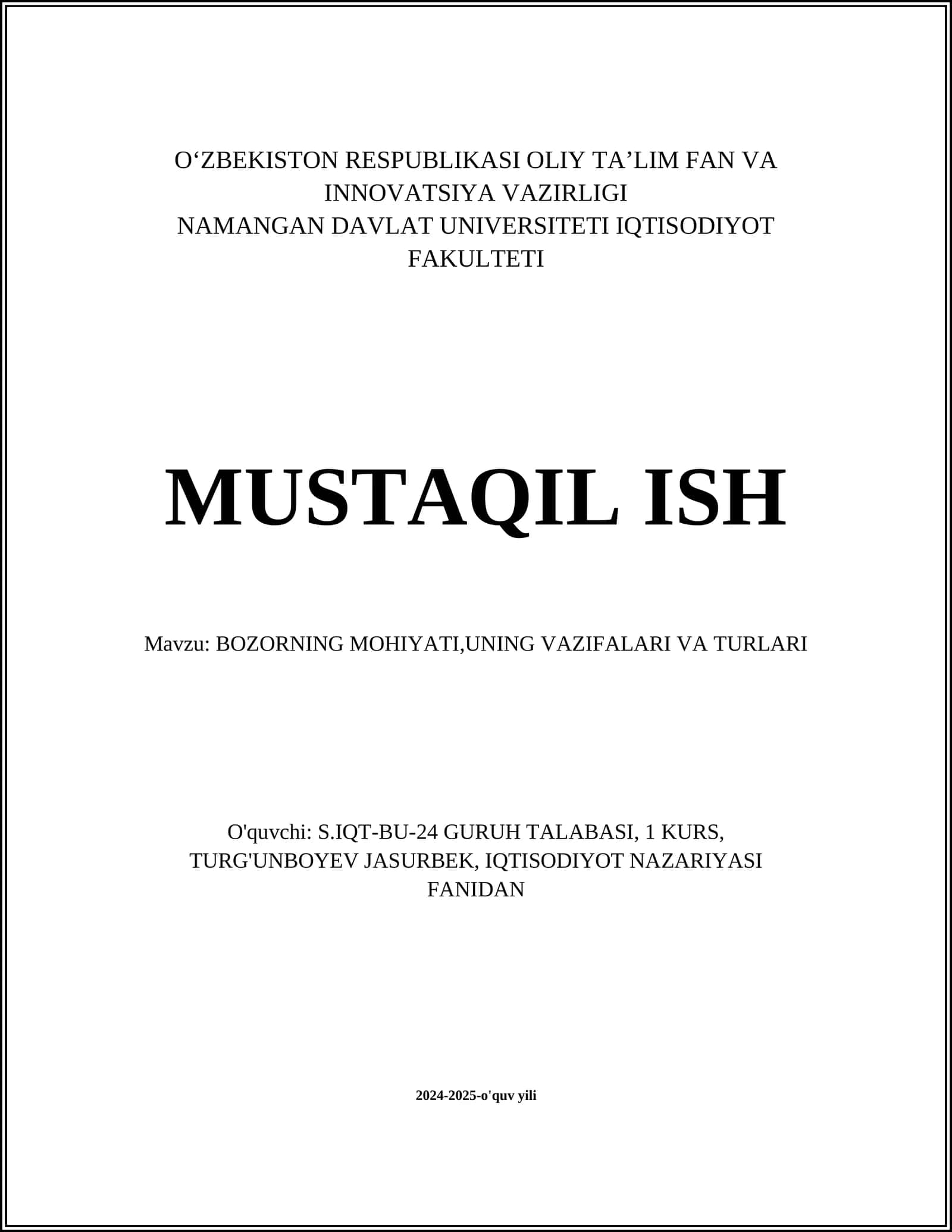 BOZORNING MOHIYATI,UNING VAZIFALARI VA TURLARI 1