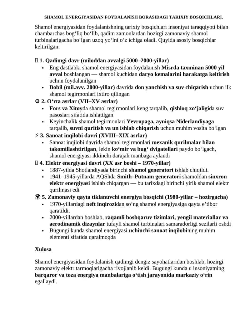 SHAMOL ENERGIYASIDAN FOYDALANISH BORASIDAGI TARIXIY BOSQICHLARI 1