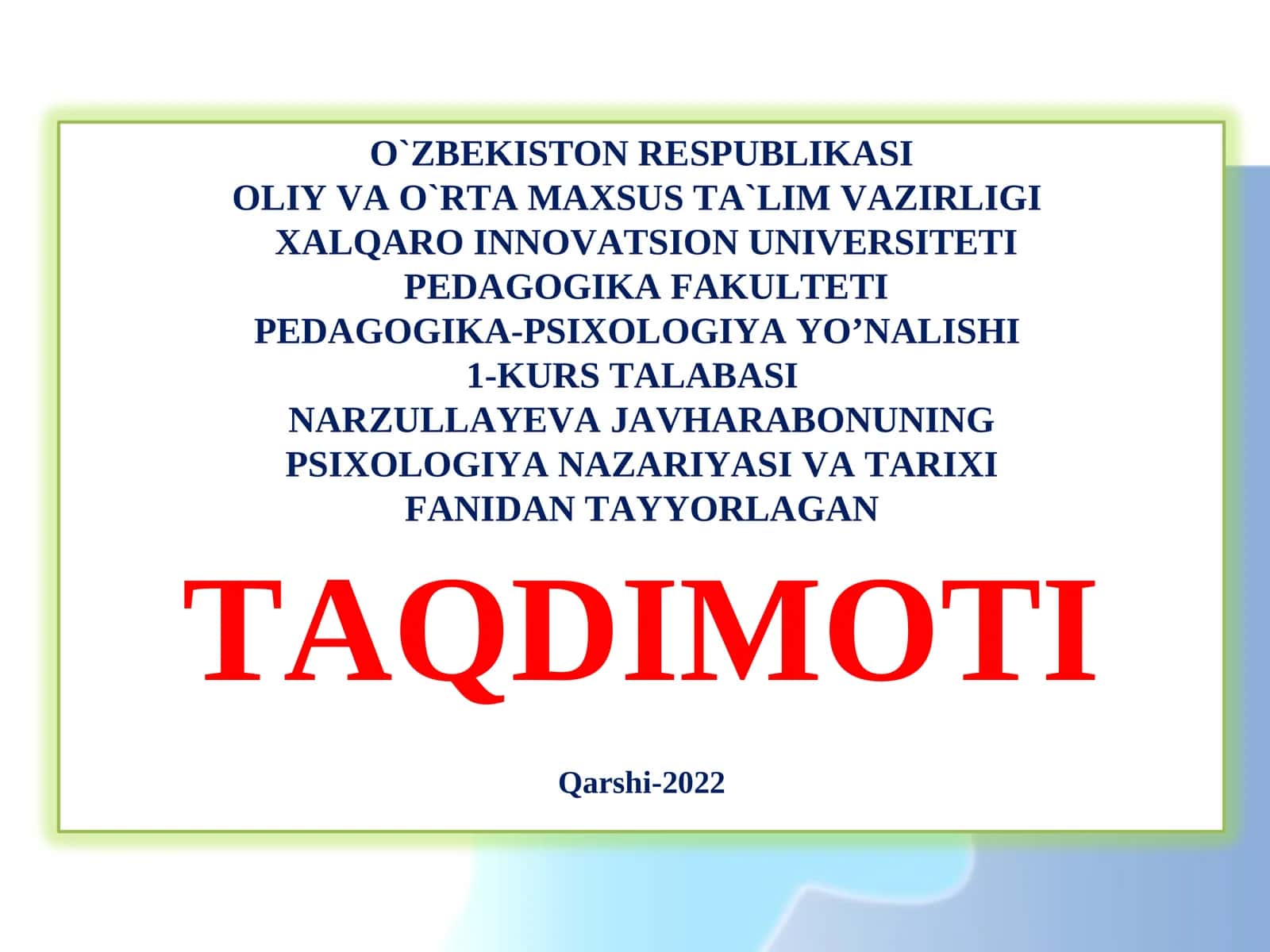 PSIXOLOGIYA NAZARIYASI VA TARIXI TAQDIMOTI 1