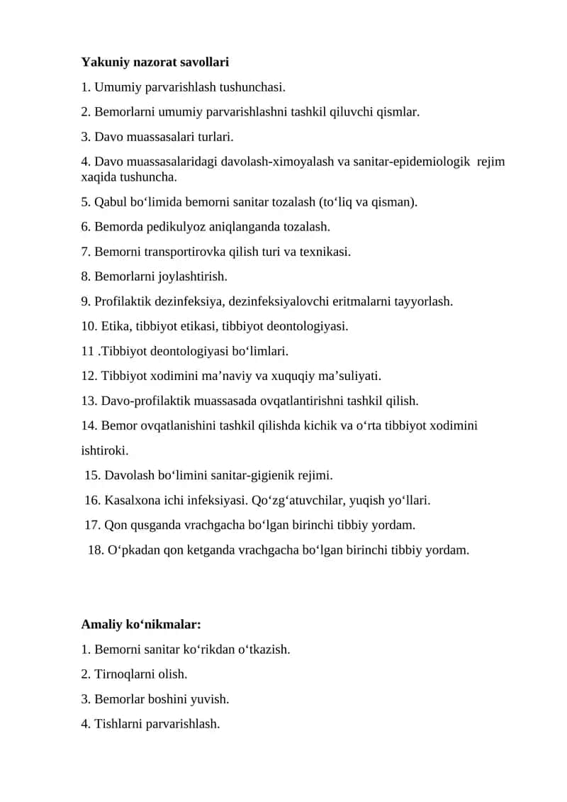 Davolash bo‘limini sanitar-gigienik rejimi 1
