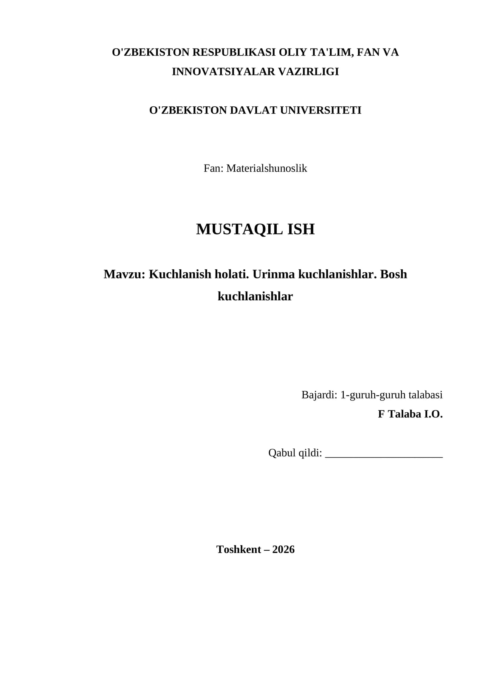 Kuchlanish holati. Urinma kuchlanishlar. Bosh kuchlanishlar 1