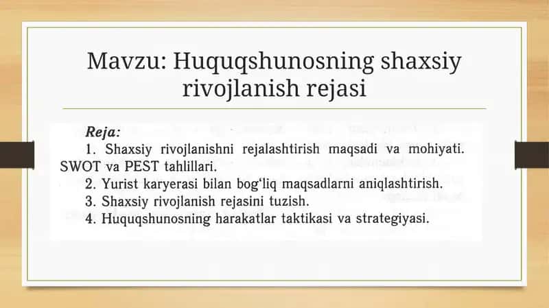 Huquqshunosning shaxsiy rivojlanish rejasi 1