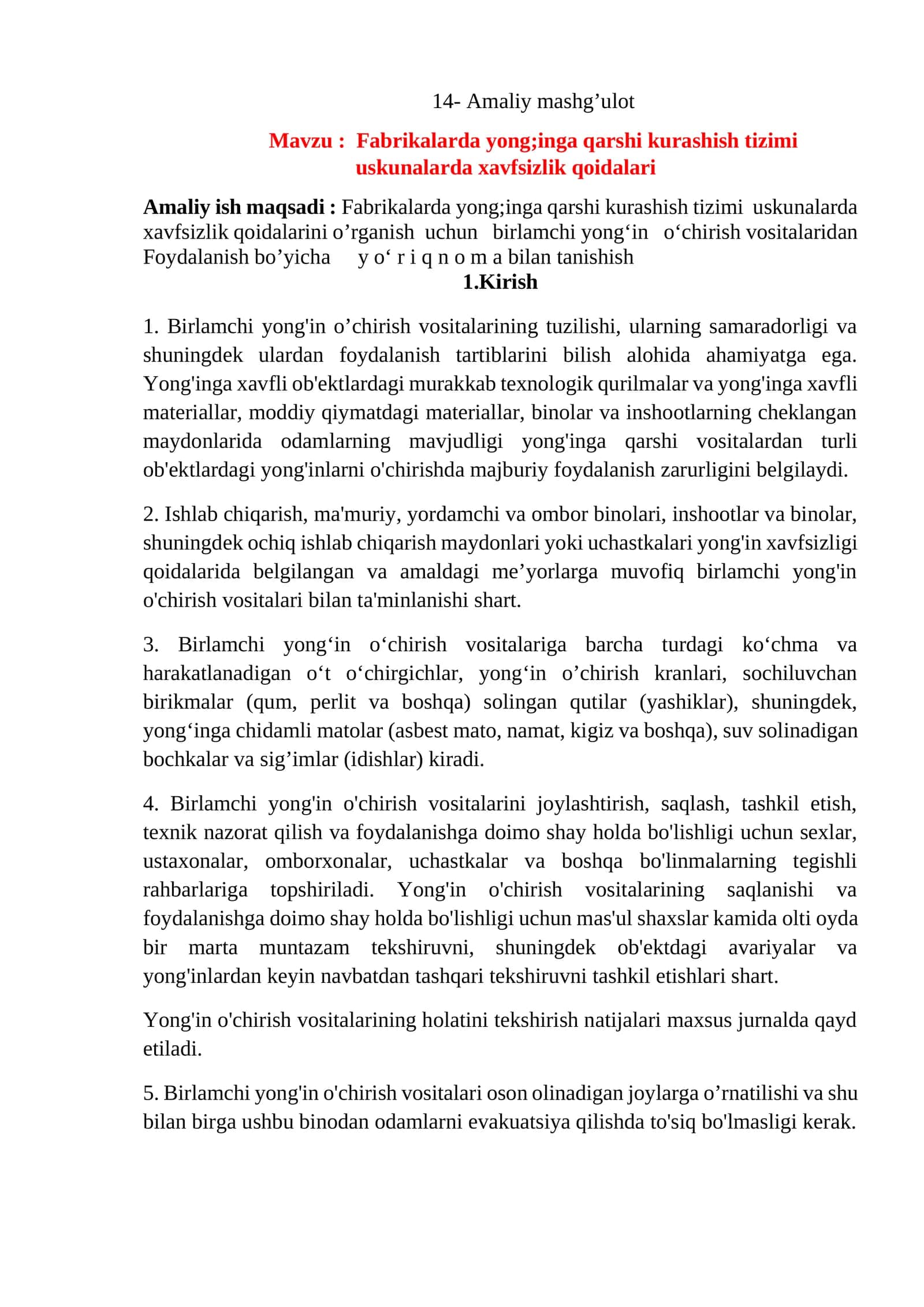 Fabrikalarda yong;inga qarshi kurashish tizimi uskunalarda xavfsizlik qoidalari 1