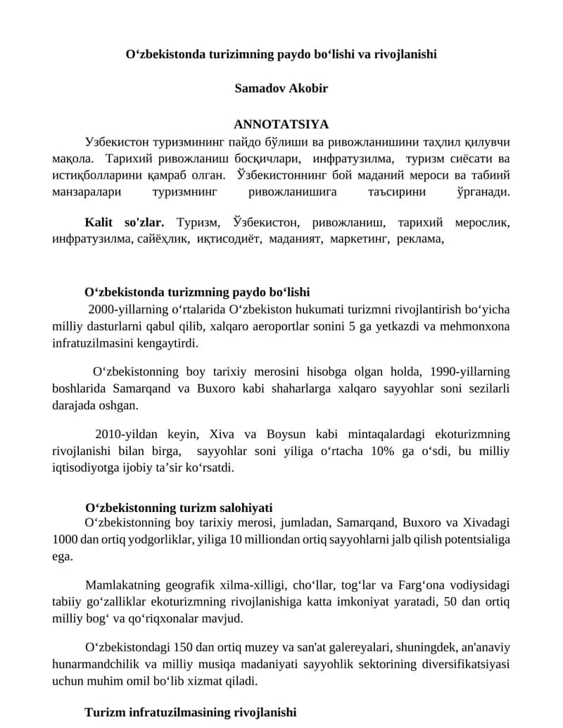 Oʻzbekistonda turizimning paydo boʻlishi va rivojlanishi 1