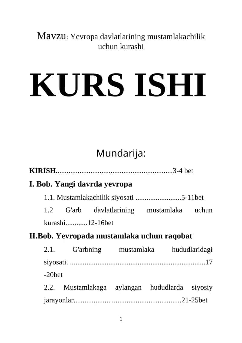 Yevropa davlatlarining mustamlakachilik uchun kurashi 1