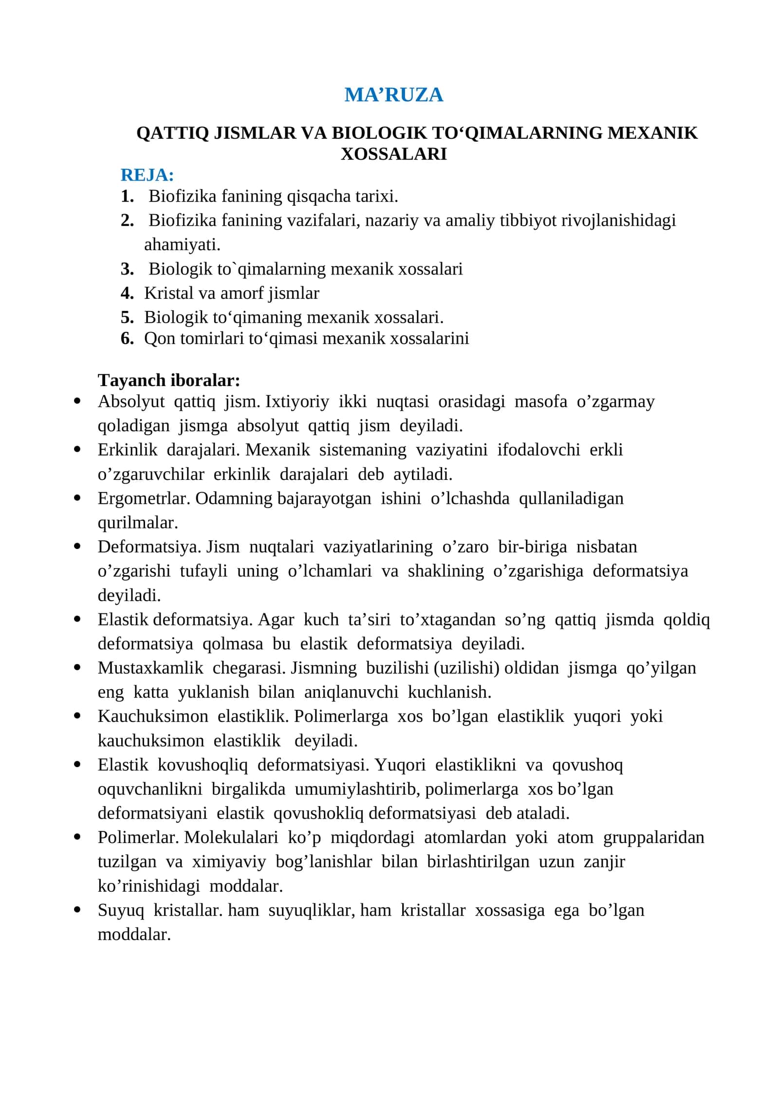 QATTIQ JISMLAR VA BIOLOGIK TO‘QIMALARNING MEXANIK XOSSALARI 1