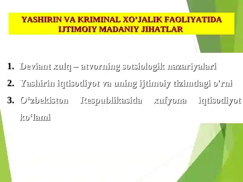 YASHIRIN VA KRIMINAL XO’JALIK FAOLIYATIDA IJTIMOIY MADANIY JIHATLAR