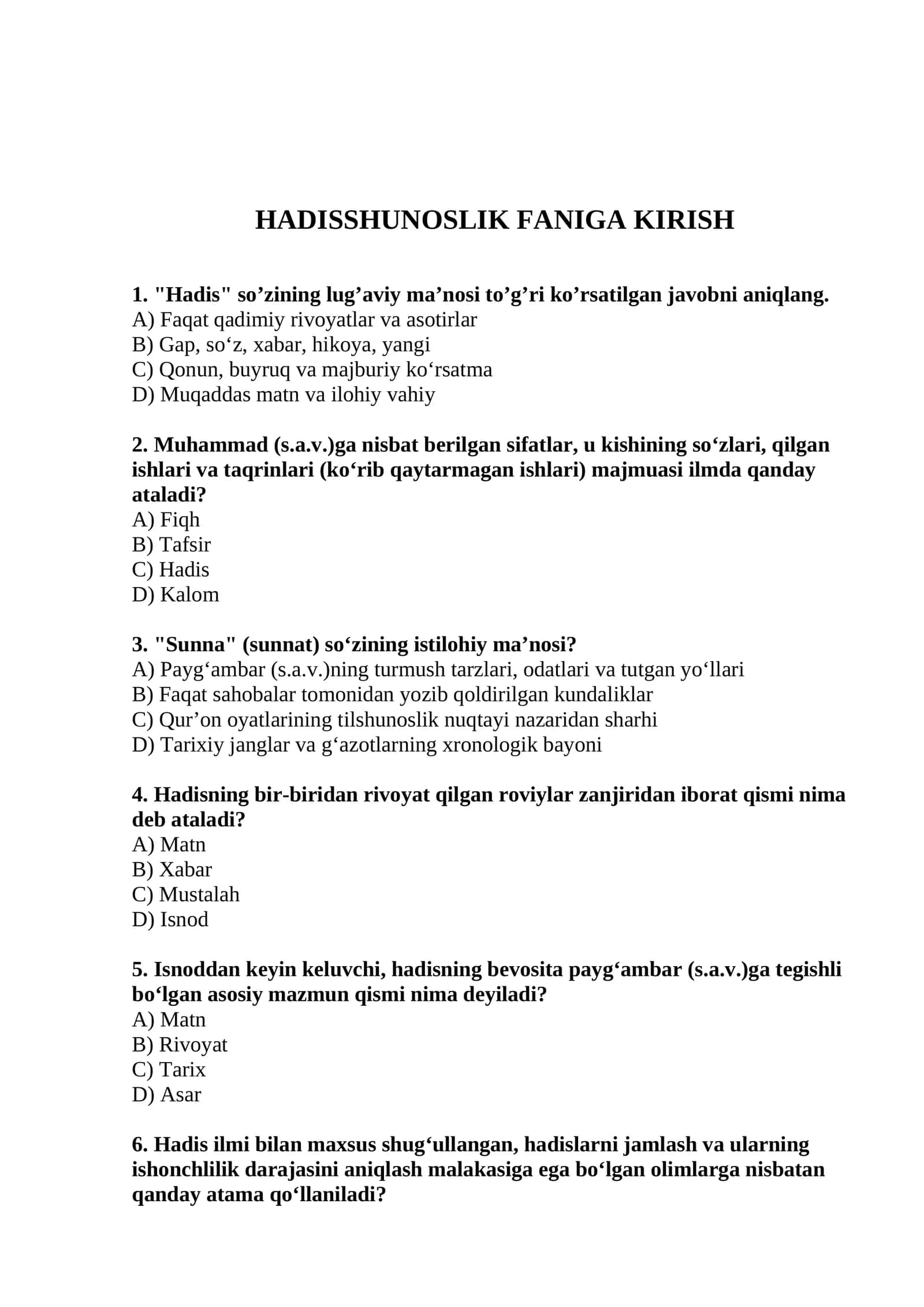 Hadisshunoslik fanidan kirish qismiga 30 ta test 1