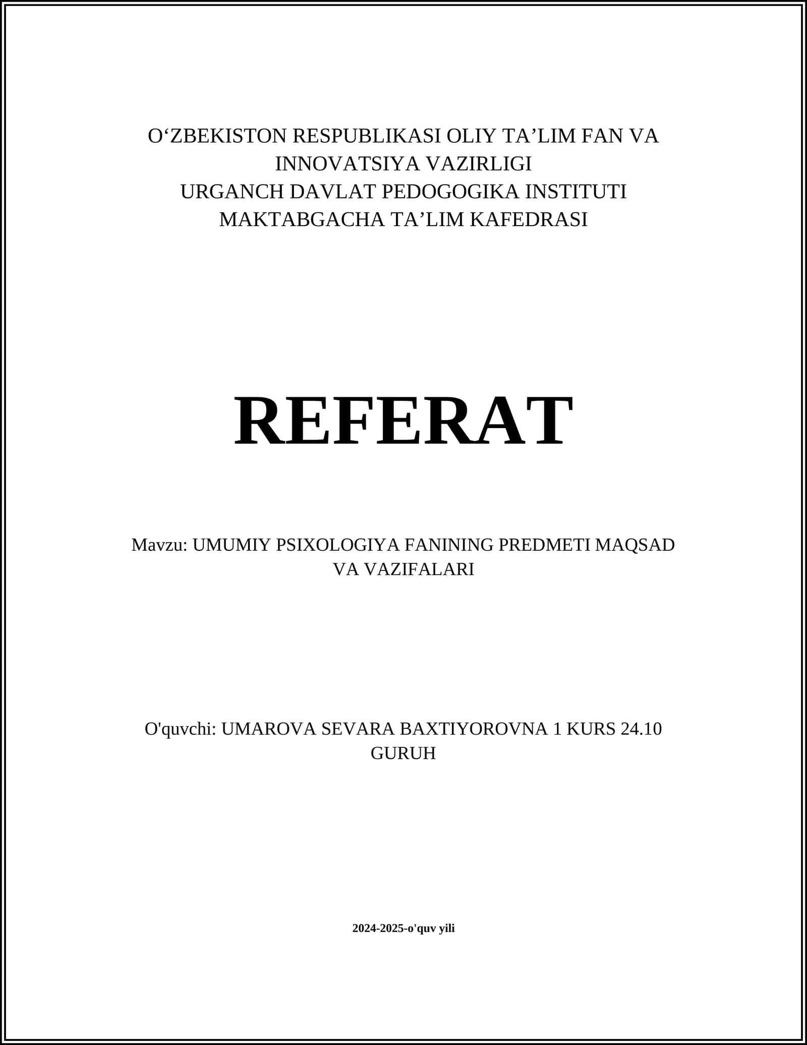 UMUMIY PSIXOLOGIYA FANINING PREDMETI MAQSAD VA VAZIFALARI 1