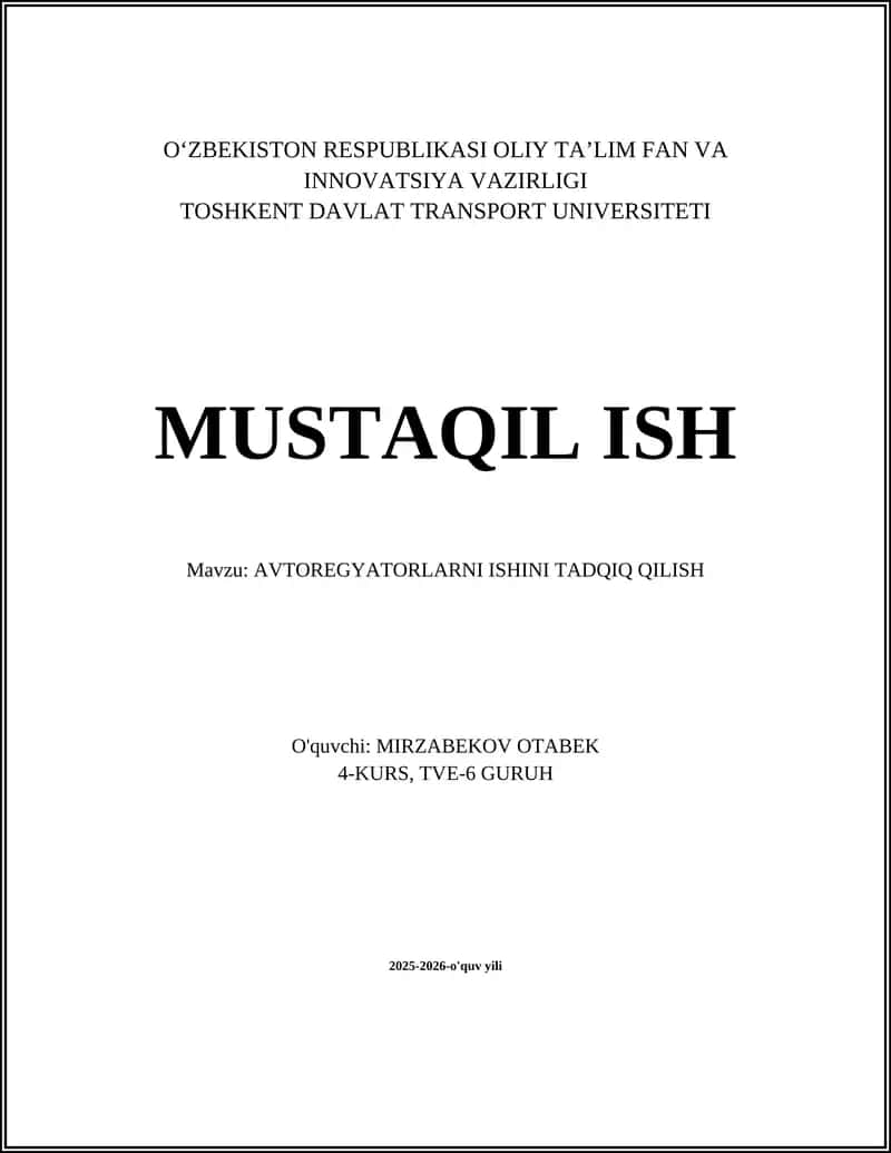 AVTOREGYATORLARNI ISHINI TADQIQ QILISH 1