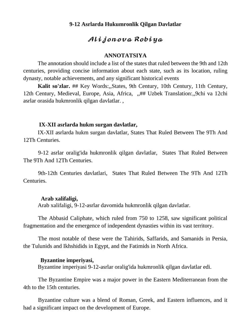 9-12 Asrlarda Hukumronlik Qilgan Davlatlar 1