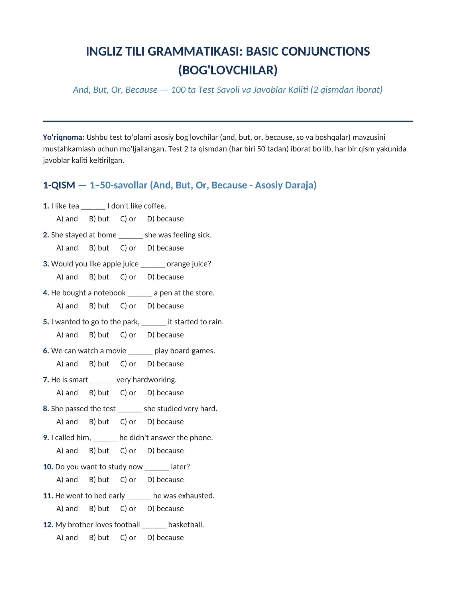 INGLIZ TILI GRAMMATIKASI: BASIC CONJUNCTIONS  (BOG'LOVCHILAR) 1