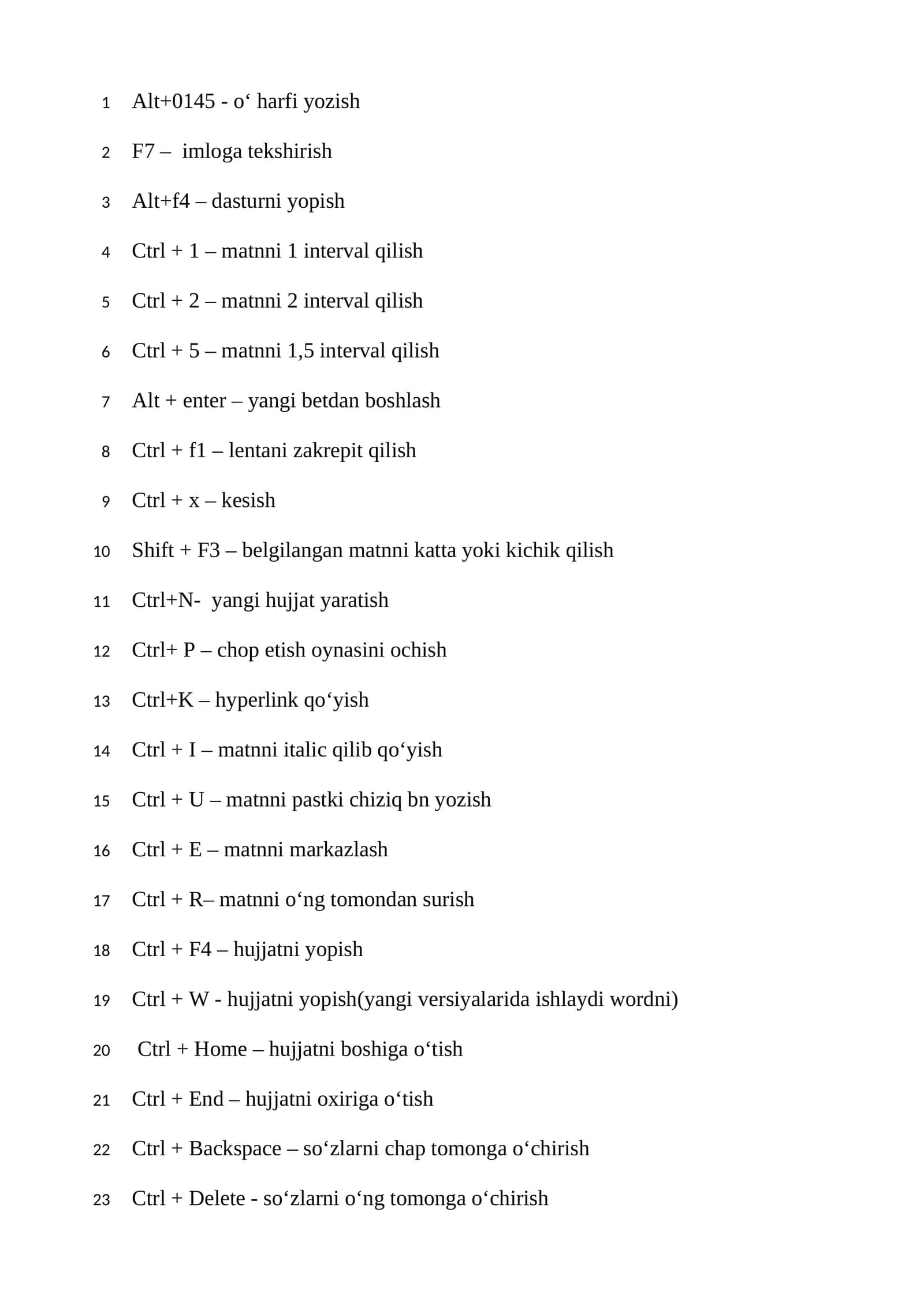 Microsoft Word klaviatura tugmalari 1