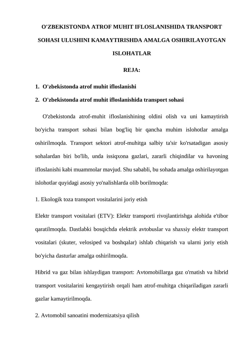 O'zbekistonda Atrof Muhit Ifloslanishida Transport Sohasi Ulushini Kamaytirishda Amalga Oshirilayotgan Ishlohatlar 1