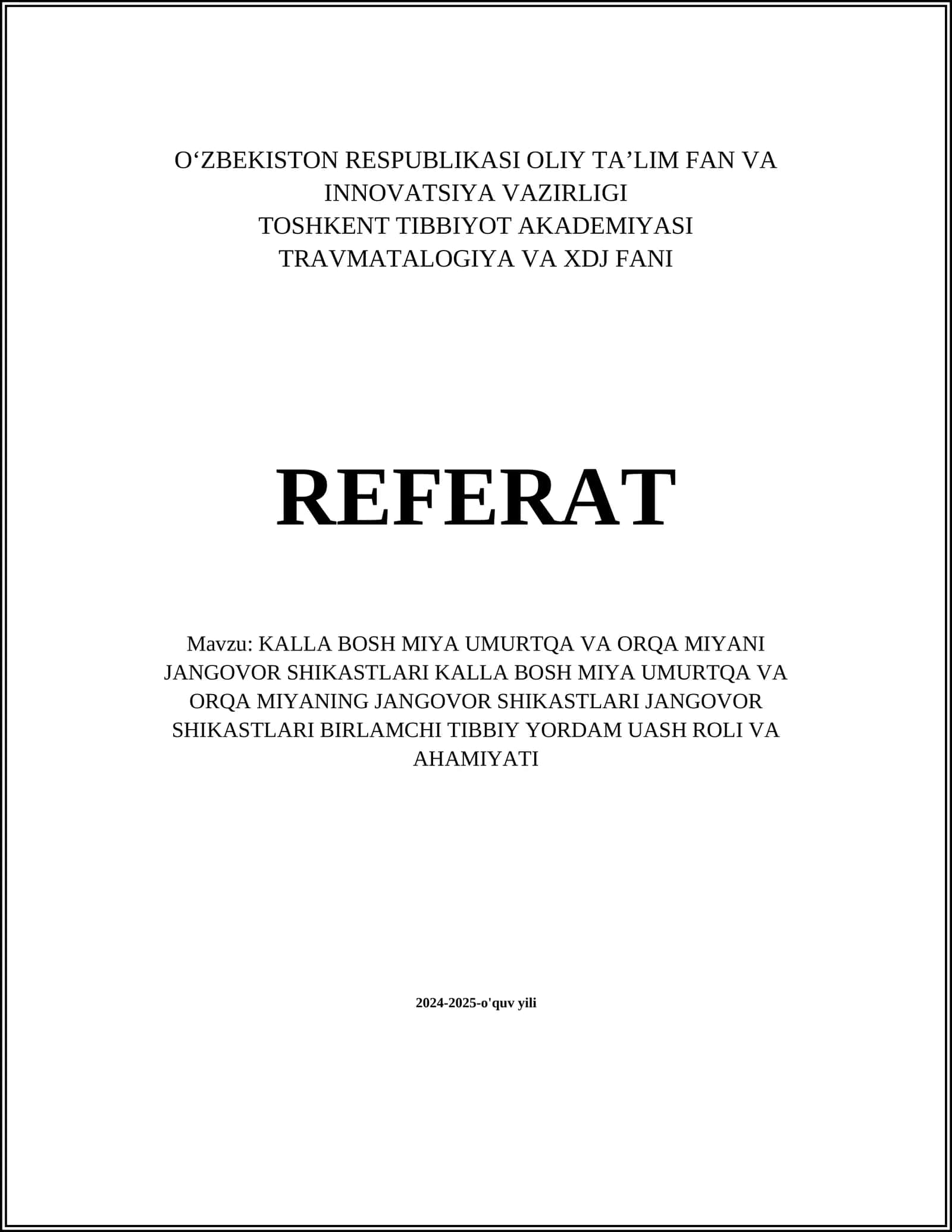 KALLA BOSH MIYA UMURTQA VA ORQA MIYANI JANGOVOR SHIKASTLARI 1