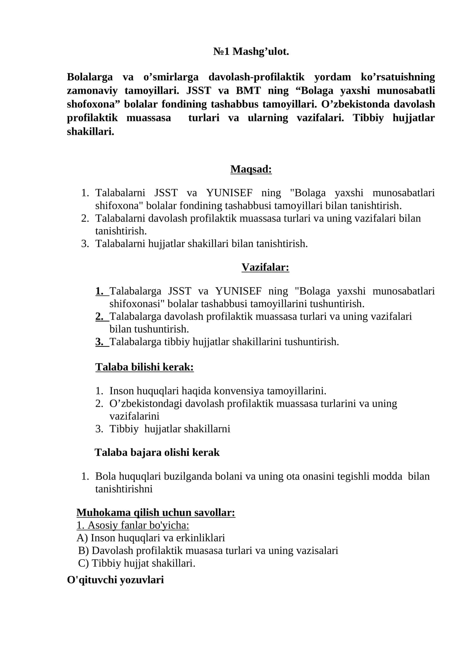 Bolalarga va o’smirlarga davolash-profilaktik yordam ko’rsatuishning zamonaviy tamoyillari 1